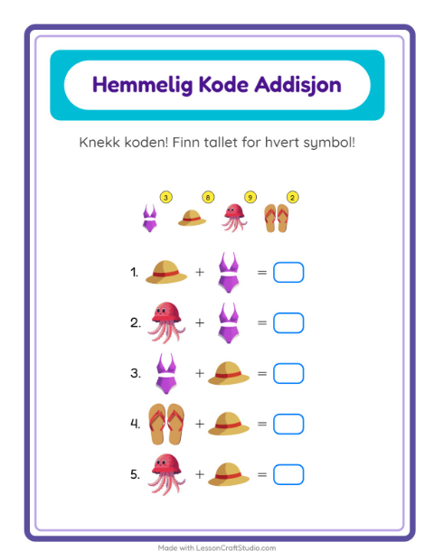 Forhåndsvisning av Kodeaddisjon-arbeidsark med Sommer for Barnehage (5-7 år)