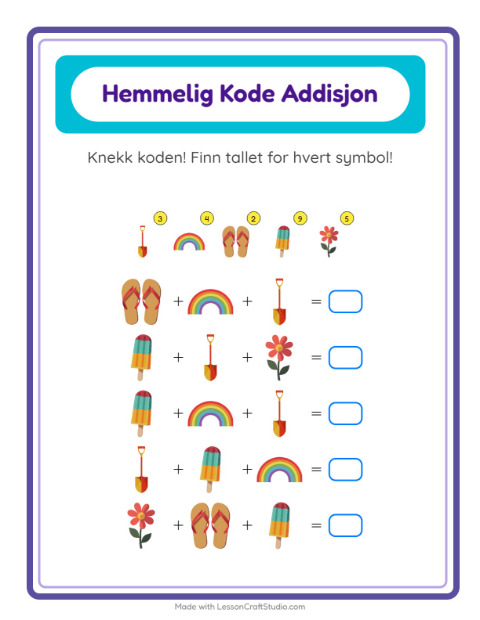 Forhåndsvisning av Kodeaddisjon-arbeidsark med Sommer for Barnehage (5-7 år)