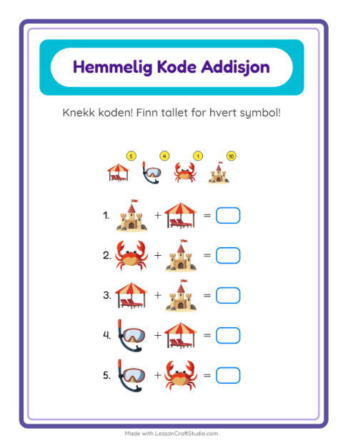 Forhåndsvisning av Kodeaddisjon-arbeidsark med Strand for Barnehage (5-7 år)