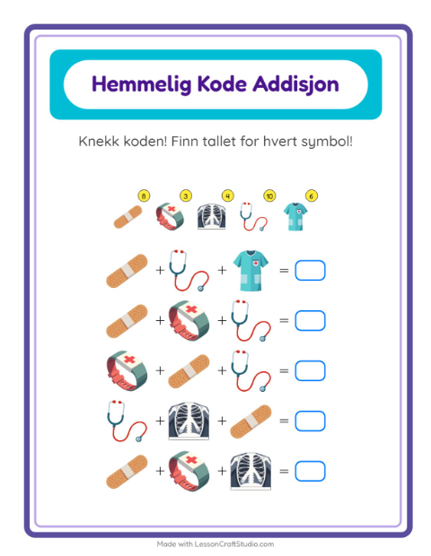 Forhåndsvisning av Kodeaddisjon-arbeidsark med Sykehus for Barnehage (5-7 år)