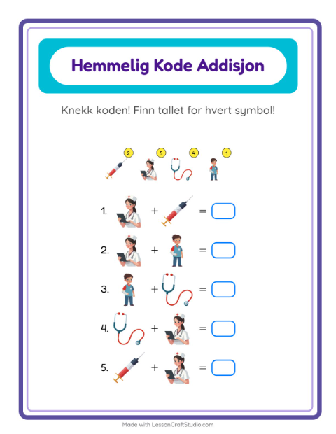 Forhåndsvisning av Kodeaddisjon-arbeidsark med Sykehus for Barnehage (5-7 år)