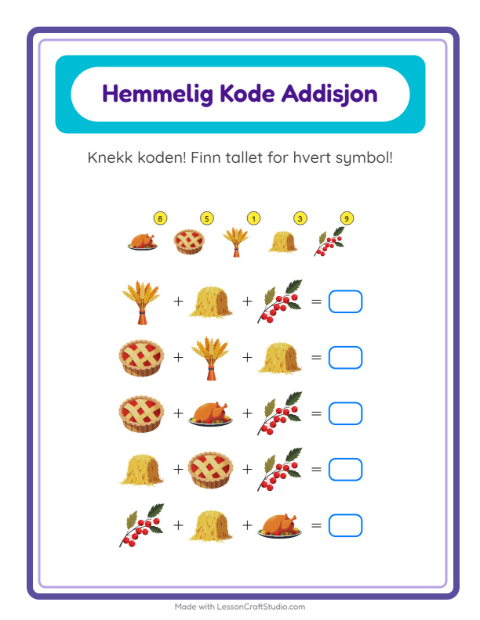 Forhåndsvisning av Kodeaddisjon-arbeidsark med Thanksgiving for Barnehage (5-7 år)