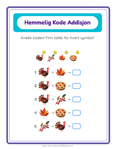 Forhåndsvisning av Kodeaddisjon-arbeidsark med Thanksgiving for Barnehage (5-7 år)