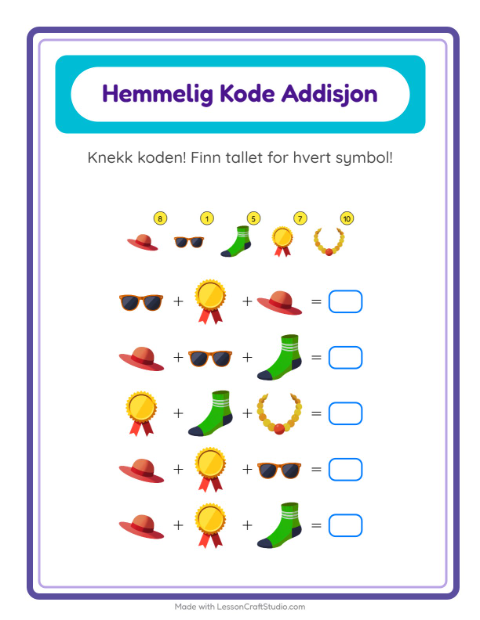 Forhåndsvisning av Kodeaddisjon-arbeidsark med Tilbehør for Barnehage (5-7 år)