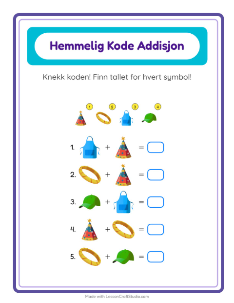 Forhåndsvisning av Kodeaddisjon-arbeidsark med Tilbehør for Barnehage (5-7 år)