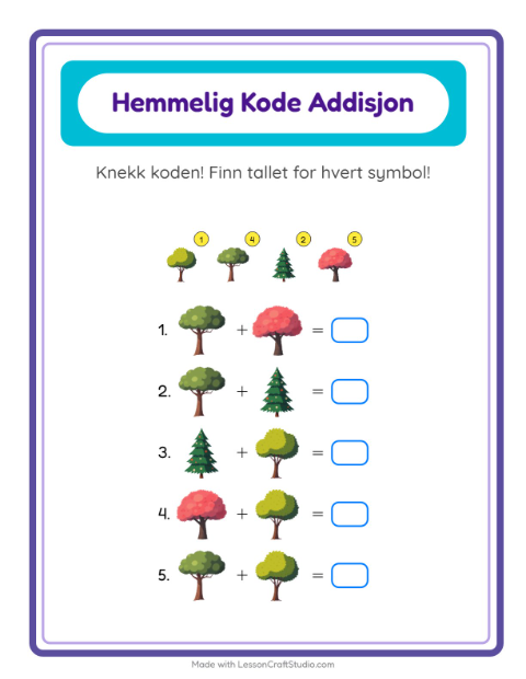 Forhåndsvisning av Kodeaddisjon-arbeidsark med Trær for Barnehage (5-7 år)