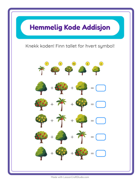 Forhåndsvisning av Kodeaddisjon-arbeidsark med Trær for Barnehage (5-7 år)