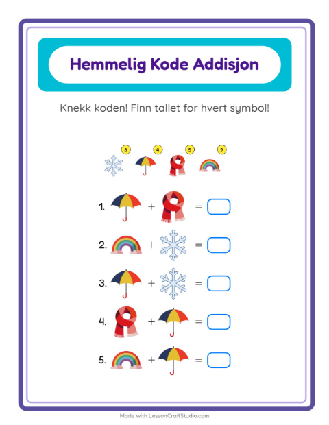 Forhåndsvisning av Kodeaddisjon-arbeidsark med Vær for Barnehage (5-7 år)