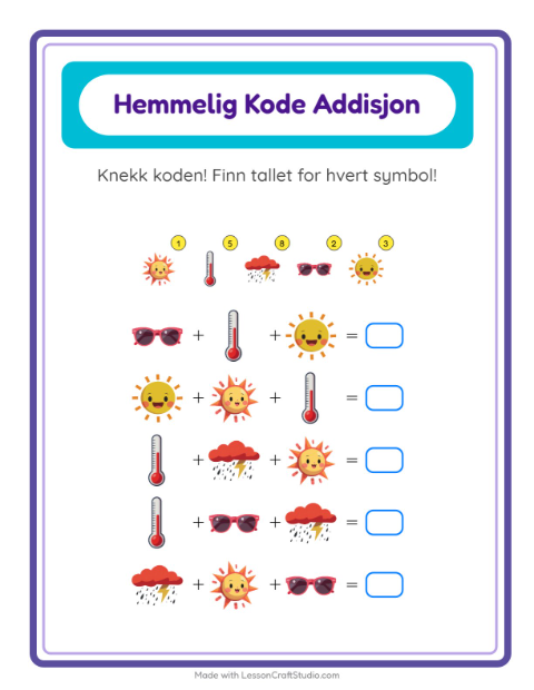 Forhåndsvisning av Kodeaddisjon-arbeidsark med Vær for Barnehage (5-7 år)