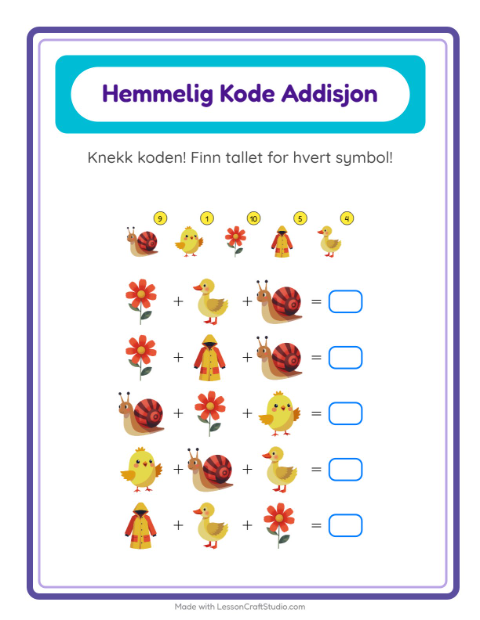 Forhåndsvisning av Kodeaddisjon-arbeidsark med Vår for Barnehage (5-7 år)