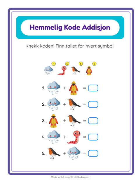 Forhåndsvisning av Kodeaddisjon-arbeidsark med Vår for Barnehage (5-7 år)