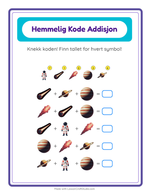 Forhåndsvisning av Kodeaddisjon-arbeidsark med Verdensrommet for Barnehage (5-7 år)