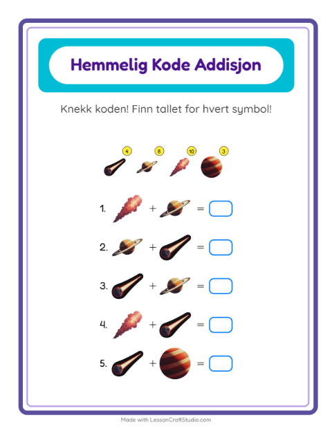 Forhåndsvisning av Kodeaddisjon-arbeidsark med Verdensrommet for Barnehage (5-7 år)