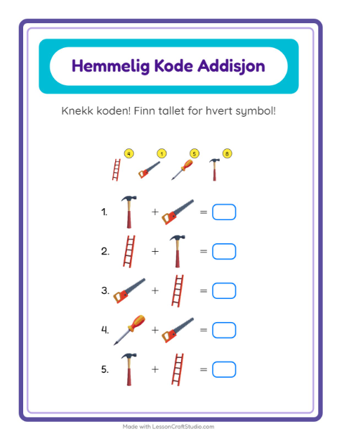 Forhåndsvisning av Kodeaddisjon-arbeidsark med Verktøy for Barnehage (5-7 år)