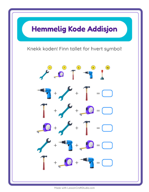 Forhåndsvisning av Kodeaddisjon-arbeidsark med Verktøy for Barnehage (5-7 år)