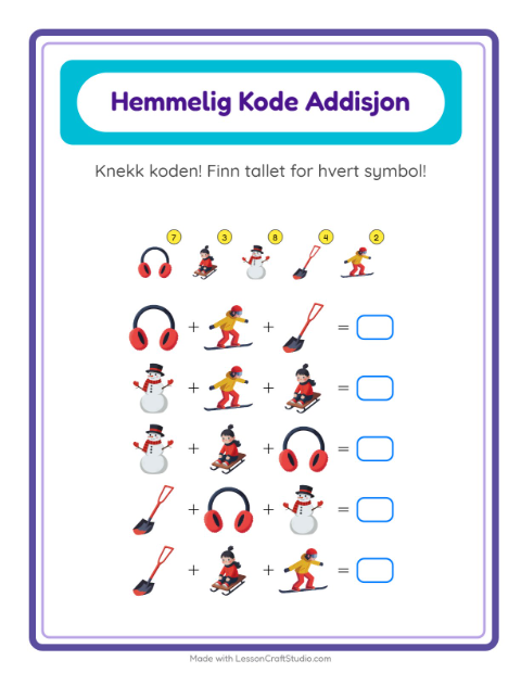 Forhåndsvisning av Kodeaddisjon-arbeidsark med Vinter for Barnehage (5-7 år)