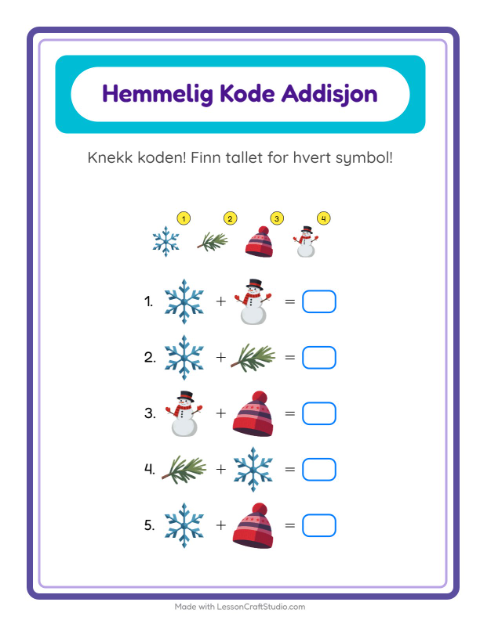 Forhåndsvisning av Kodeaddisjon-arbeidsark med Vinter for Barnehage (5-7 år)