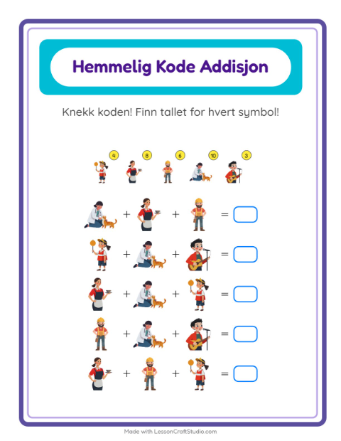 Forhåndsvisning av Kodeaddisjon-arbeidsark med Yrker for Barnehage (5-7 år)