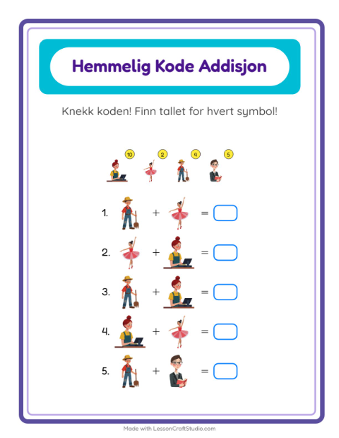 Forhåndsvisning av Kodeaddisjon-arbeidsark med Yrker for Barnehage (5-7 år)