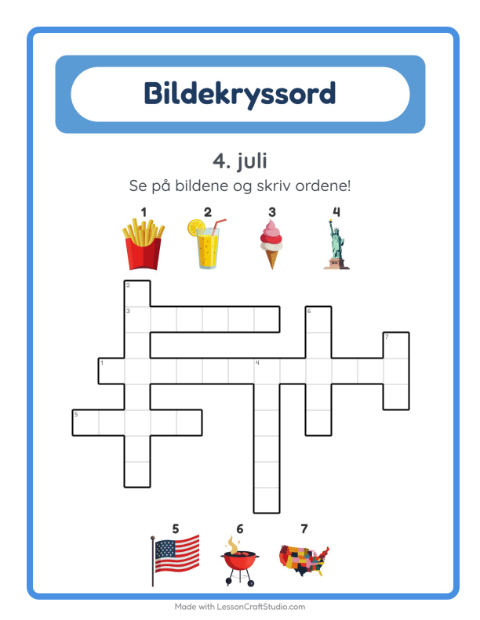Forhåndsvisning av Kryssord-arbeidsark med 4. juli for 2. trinn