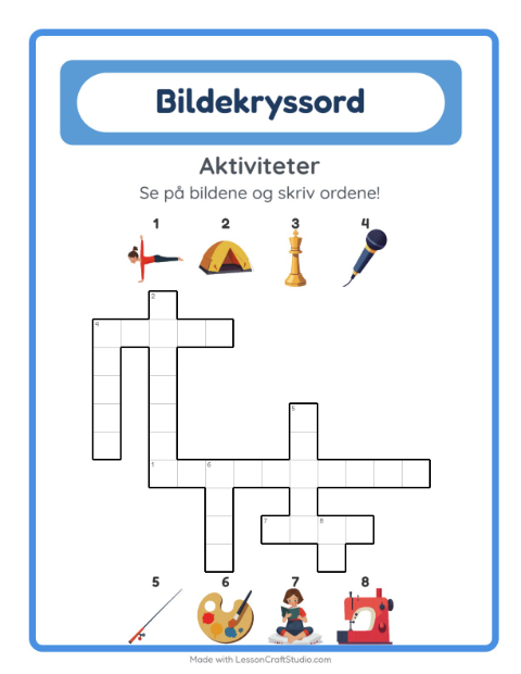 Forhåndsvisning av Kryssord-arbeidsark med Aktiviteter for 2. trinn