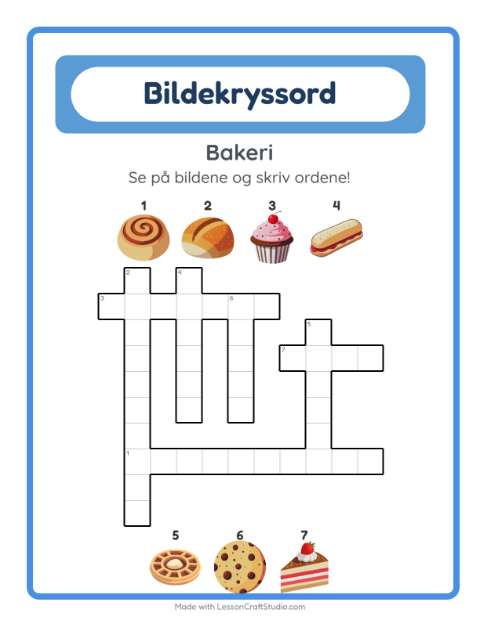 Forhåndsvisning av Kryssord-arbeidsark med Bakeri for 2. trinn