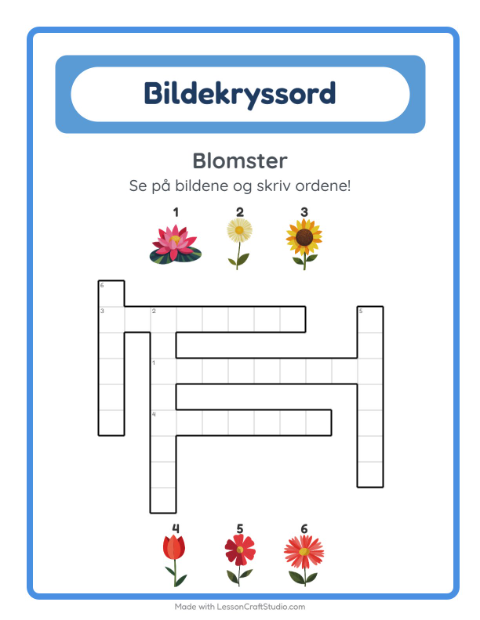 Forhåndsvisning av Kryssord-arbeidsark med Blomster for 2. trinn