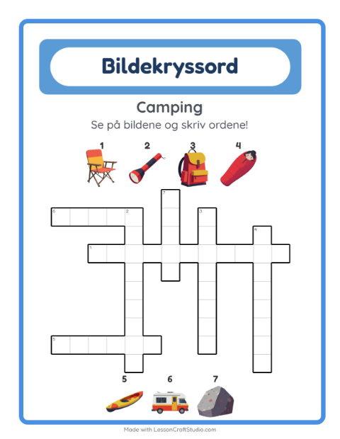 Forhåndsvisning av Kryssord-arbeidsark med Camping for 2. trinn
