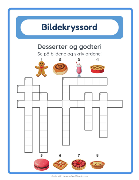 Forhåndsvisning av Kryssord-arbeidsark med Desserter og godteri for 2. trinn