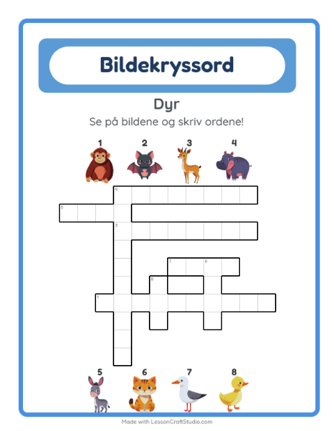 Forhåndsvisning av Kryssord-arbeidsark med Dyr for 2. trinn