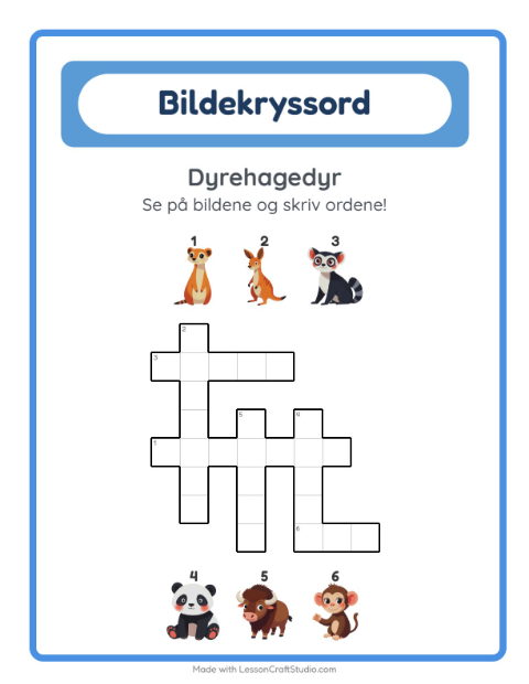 Forhåndsvisning av Kryssord-arbeidsark med Dyrehagedyr for 2. trinn