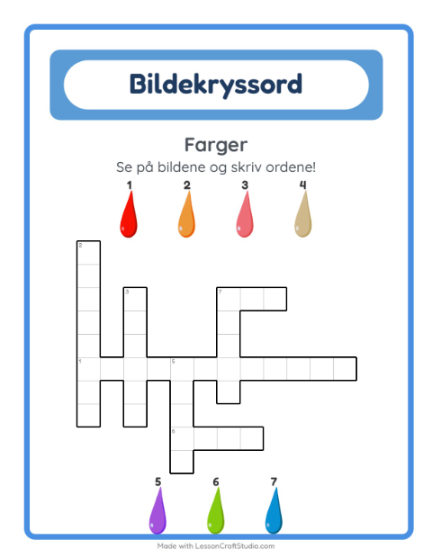 Forhåndsvisning av Kryssord-arbeidsark med Farger for 2. trinn