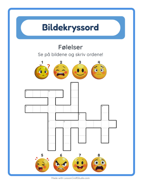 Forhåndsvisning av Kryssord-arbeidsark med Følelser for 2. trinn