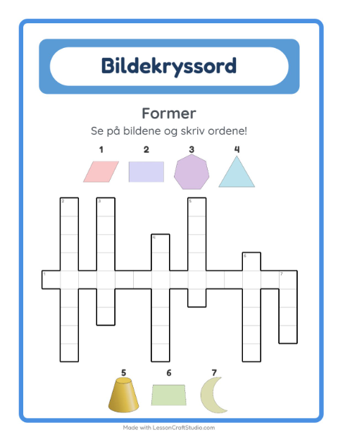 Forhåndsvisning av Kryssord-arbeidsark med Former for 2. trinn