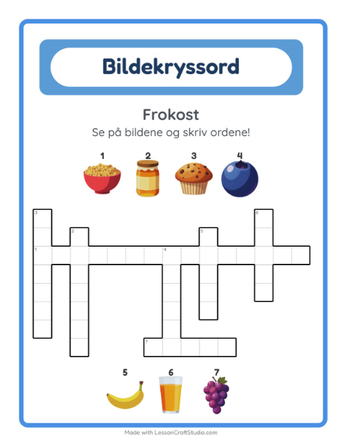 Forhåndsvisning av Kryssord-arbeidsark med Frokost for 2. trinn