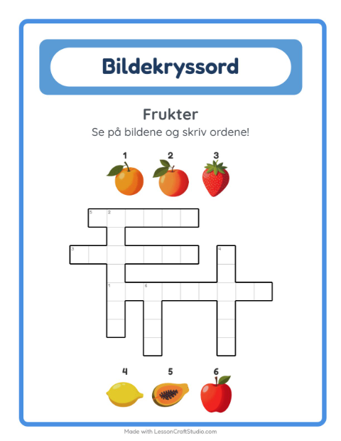 Forhåndsvisning av Kryssord-arbeidsark med Frukter for 2. trinn