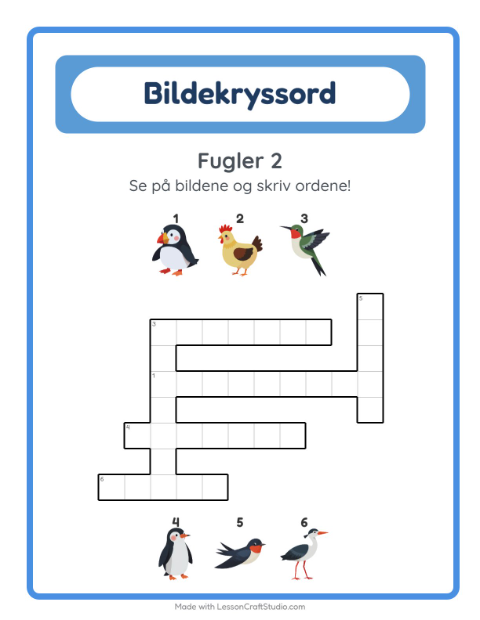 Forhåndsvisning av Kryssord-arbeidsark med Fugler 2 for 2. trinn