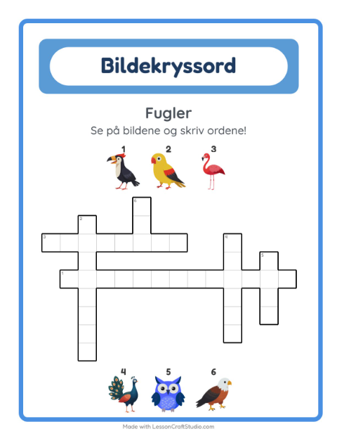 Forhåndsvisning av Kryssord-arbeidsark med Fugler for 2. trinn