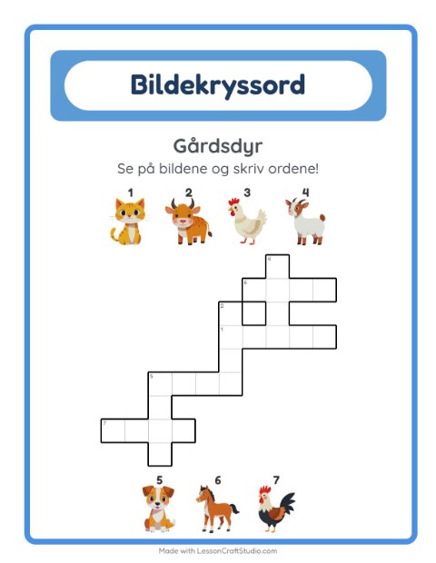Forhåndsvisning av Kryssord-arbeidsark med Gårdsdyr for 2. trinn