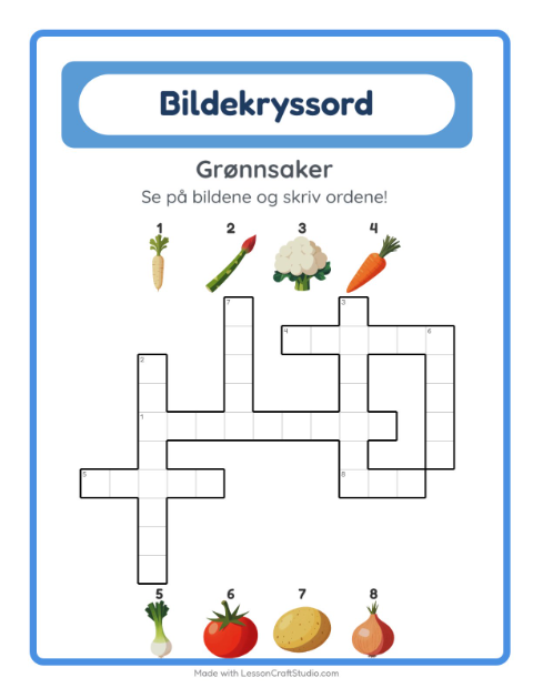 Forhåndsvisning av Kryssord-arbeidsark med Grønnsaker for 2. trinn