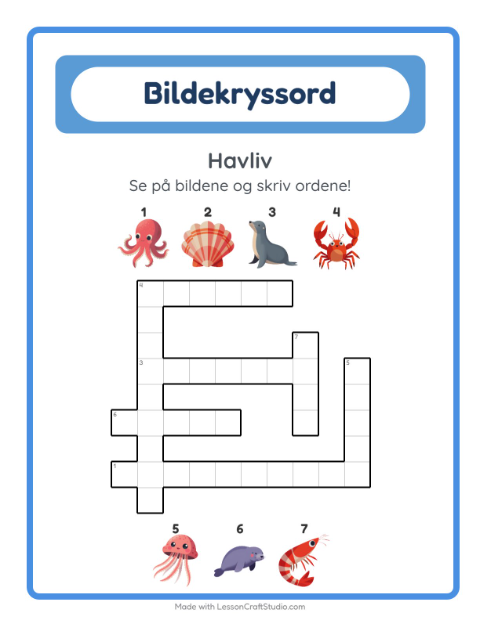 Forhåndsvisning av Kryssord-arbeidsark med Havliv for 2. trinn