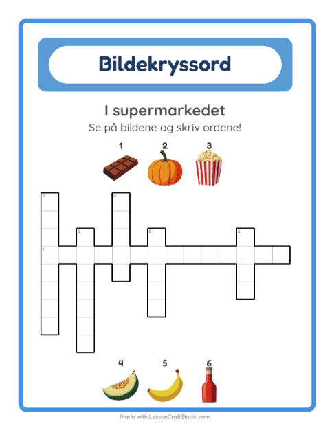 Forhåndsvisning av Kryssord-arbeidsark med I supermarkedet for 2. trinn