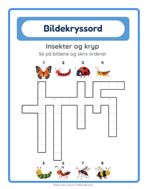 Forhåndsvisning av Kryssord-arbeidsark med Insekter og kryp for 2. trinn