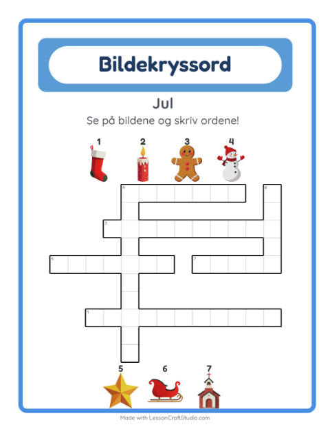 Forhåndsvisning av Kryssord-arbeidsark med Jul for 2. trinn