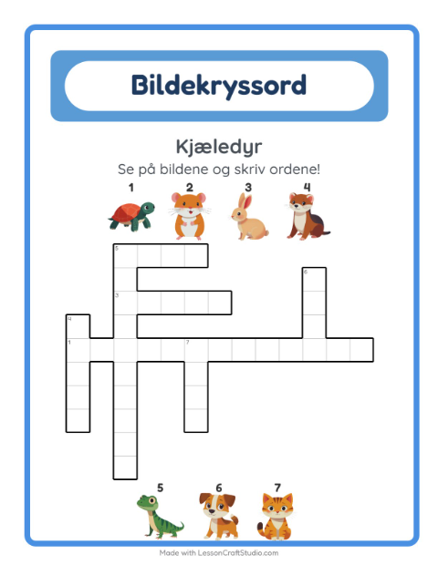Forhåndsvisning av Kryssord-arbeidsark med Kjæledyr for 2. trinn