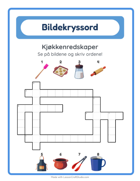 Forhåndsvisning av Kryssord-arbeidsark med Kjøkkenredskaper for 2. trinn
