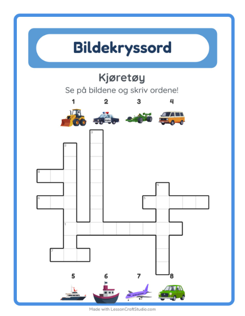 Forhåndsvisning av Kryssord-arbeidsark med Kjøretøy for 2. trinn