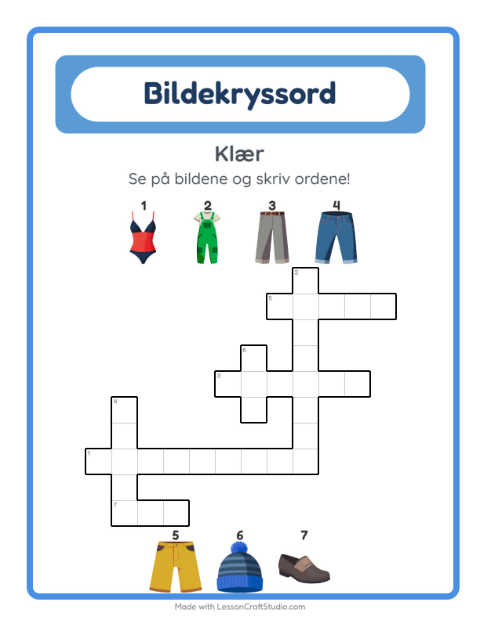 Forhåndsvisning av Kryssord-arbeidsark med Klær for 2. trinn