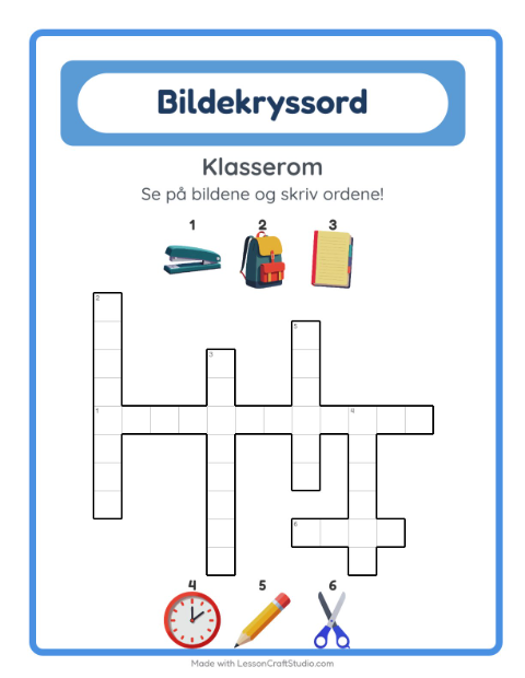 Forhåndsvisning av Kryssord-arbeidsark med Klasserom for 2. trinn