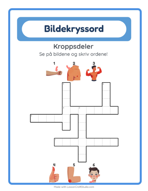 Forhåndsvisning av Kryssord-arbeidsark med Kroppsdeler for 2. trinn